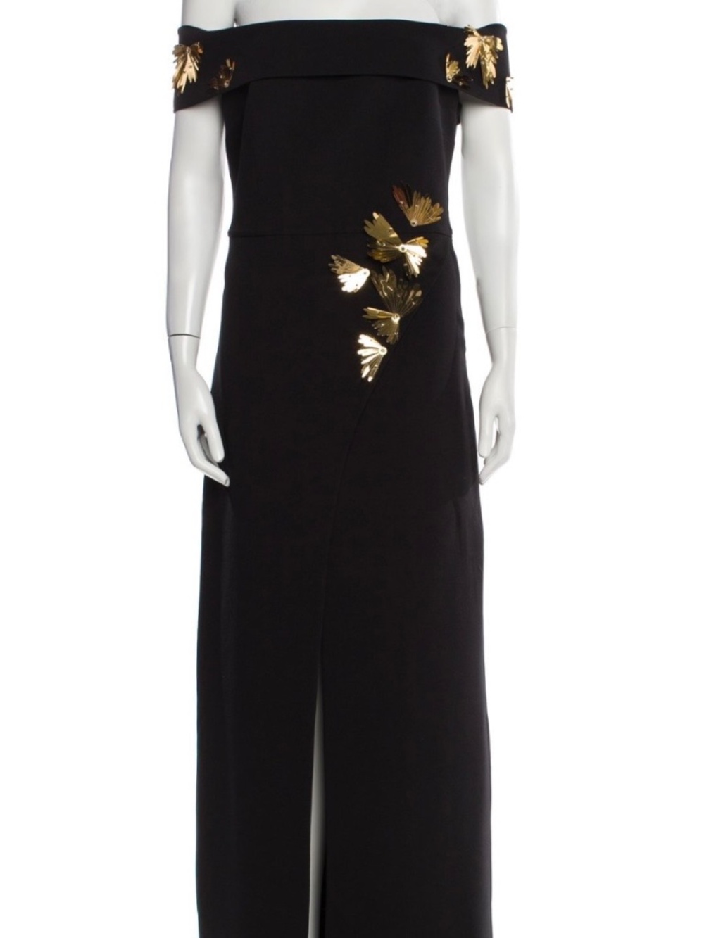 This is a stunning Safiyaa off the shoulder black dress with gold embellishment
